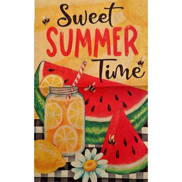 Sweet Summer Time Watermelon Lemonade Garden Flag Burlap 12"x18" Double-Sided - Picture 1 of 4